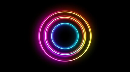 Poster - Concentric neon rings create a mesmerizing light display in the dark, radiating vibrant energy and forming colorful patterns that intrigue viewers and enhance the overall atmosphere