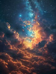 Wall Mural - A mesmerizing celestial scene unfolds above a sea of clouds. A fiery orange sunset illuminates the sky, while a vibrant nebula of stars and celestial dust swirls overhead.