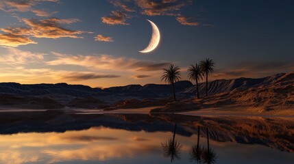 Poster - A crescent moon reflecting on a quiet desert oasis with palm trees in the background