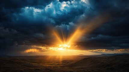 Poster - A divine light breaking through a dark stormy sky, illuminating the earth below