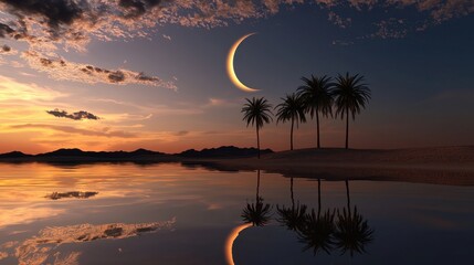 Poster - A crescent moon reflecting on a quiet desert oasis with palm trees in the background