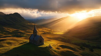 Poster - A dramatic sunrise casting light on an ancient stone church in a rural valley