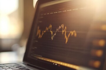 Poster - Close-up View of Financial Data and Stock Market Trends on Laptop Screen with Warm Lighting in Background Highlighting Digital Analysis and Trading Strategies