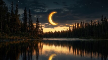 Poster - A glowing crescent moon reflecting on a calm lake surrounded by tall pine trees