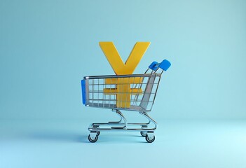 Wall Mural - Shopping cart with yellow yen symbol on blue background