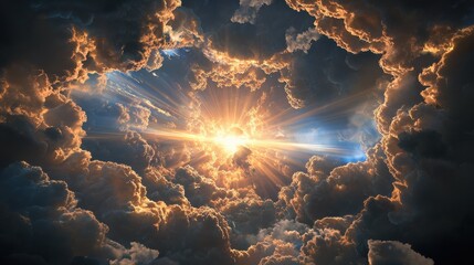 Poster - A heavenly scene of glowing clouds with light streaming down towards Earth