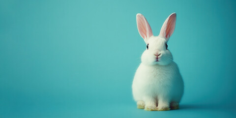 White bunny rabbit isolated on pale soft pastel blue background with copy space, fun easter concept