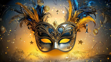 Wall Mural - Carnival is a vibrant festival of creativity. People wear artistic masks to celebrate. Elegant Blue and Gold Masquerade Mask with Feathers