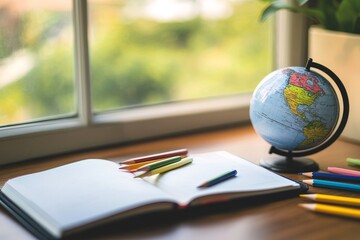 Poster - Colorful Stationery and Globe on Wooden Desk Near Window, Perfect for Learning and Education Themes in Vibrant Natural Light