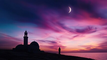 Poster - A peaceful mosque silhouetted against a colorful twilight sky