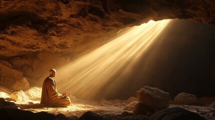 Poster - A peaceful scene of a monk meditating in a mountain cave with golden light streaming i