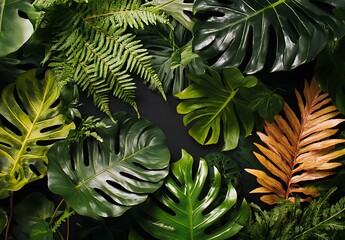 Wall Mural - A dark green summer background with various tropical leaves, such as monstera and ferns