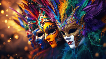 Wall Mural - Carnival is a vibrant festival of artistic expression. People wear colorful masks. Colorful Masquerade Masks with Feathers and Jewels Displayed