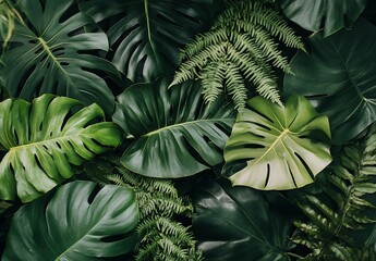 Wall Mural - A dark green summer background with various tropical leaves, such as monstera and ferns