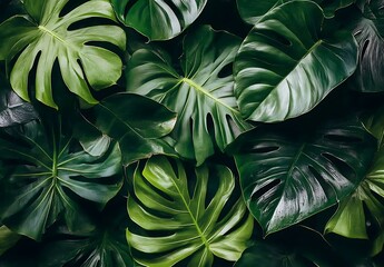 Wall Mural - A dark green summer background with various tropical leaves, such as monstera and ferns