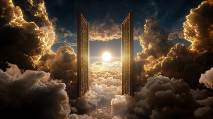 Poster - A radiant celestial scene of golden gates opening amidst glowing clouds