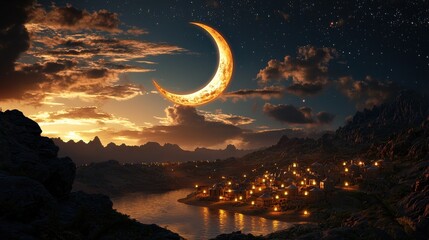 Poster - A serene crescent moon hanging above a peaceful village with glowing lanterns during Ramadan