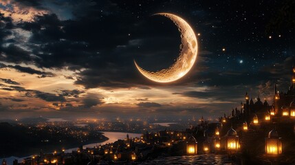 Poster - A serene crescent moon hanging above a peaceful village with glowing lanterns during Ramadan