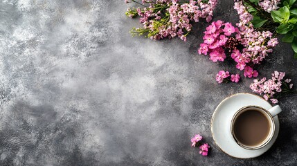 Poster - Freshly brewed coffee with blooming flowers on a textured surface in natural light