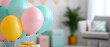 © praewpailyn - Colorful balloons and gift box create festive atmosphere for baby shower celebration. soft pastel colors enhance joyful mood