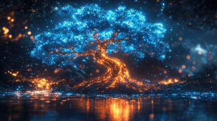 Wall Mural - Glowing Blue Tree Night Landscape, Magical Forest Fire Reflection, Fantasy Art, Game Design.