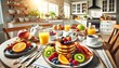 © I-KNOW-YOU-KNOW - Sunlit Kitchen Breakfast: A delightful spread of pancakes, bacon, fresh fruit, and orange juice graces a rustic kitchen table, bathed in warm sunlight.