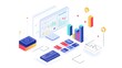 © Nail - Isometric illustration of a person working at a desk with analytics dashboards, charts, and digital tools for data analysis and business intelligence.data analysis, business intelligence, digital work