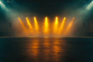 Poster - Dramatic Stage Lighting with Fog Effects for Theater Performances and Concerts, Illuminating a Dimly Lit Venue with Vibrant Warmth
