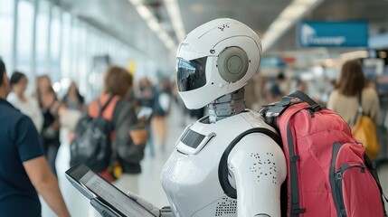 Poster - Futuristic Robot Carrying Backpack and Laptop in Urban Environment Engaging with Technology and Modern Lifestyle Concepts