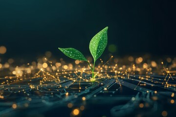 Poster - Eco-Friendly Growth Concept in a Digital World Illustrating a Green Plant Emerging from a Circuit Board Surrounded by Bright Sparks and Connections