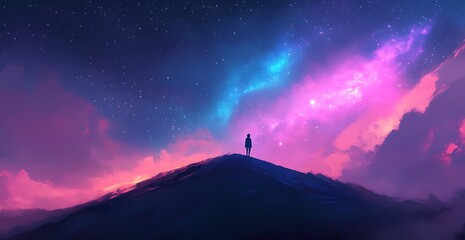 A silhouette of an individual standing on top of a hill, gazing at the stars in the night sky with purple and blue hues, summer background