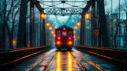 Train Crossing a Bridge at Night in the Snow. A captivating urban landscape photo of a train passing over a bridge during a snowy night, illuminated by city lights.