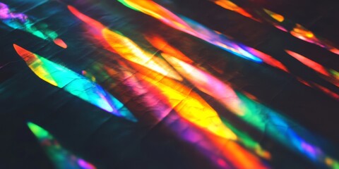 Poster - Vibrant prismatic light leaks create a stunning and artistic display of gorgeous rainbow bokeh on a contrasting dark background, beautifully exemplifying contemporary modern digital effects
