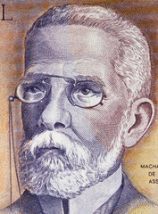 Wall Mural - Machado de Assis (1839 – 1908) portrait on Brazilian 1000 cruzados (1987) banknote close up. Pioneer Brazilian writer, novelist, poet. Greatest writer of Brazilian literature.