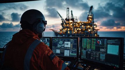 Wall Mural - Control room operator monitors offshore oil rig at sunset, showcasing technology and teamwork