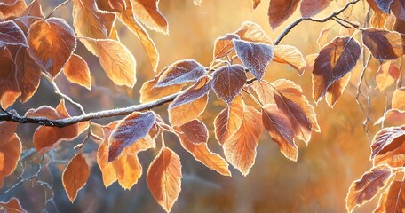 Canvas Print - Frost-covered autumn leaves backlit by sunlight.