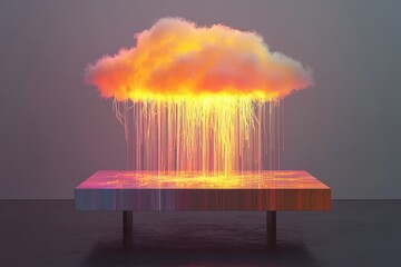 Poster - Floating Cloud with Colorful Light Trails Over a Modern Table Design, Symbolizing Creativity and Imagination in Art and Technology