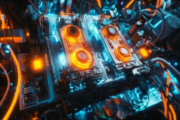Poster - Futuristic Computer Hardware Close-Up Featuring Vibrant Blue and Orange Lights on Graphics Cards and Circuitry, Perfect for Technology and Innovation Themes