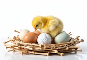 Wall Mural - Yellow chick with eggs and golf ball in twig nest