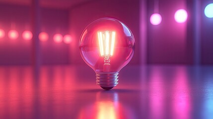 Glowing filament light bulb on reflective floor in neon-lit room.