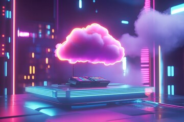 Poster - Futuristic Neon Cloud Above Colorful Controller in a Cyberpunk Cityscape with Glowing Neon Lights and Misty Atmosphere, Representing Technology and Imagination