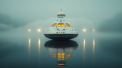 Wall Mural - futuristic spaceship landing on foggy lake, mysterious forest background, science fiction illustrati