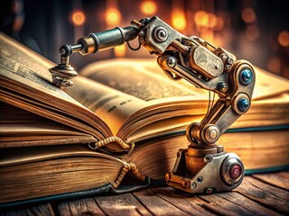 Poster - Macro Shot: Robotic Arm Gently Turning Pages of a Book