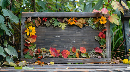 Wall Mural - A nature-inspired DIY photo frame covered in pressed leaves and flowers, displayed outdoors on a wooden bench with a scenic garden background.