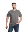 © New Africa - Man in blank grey t-shirt on white background. Mockup for design