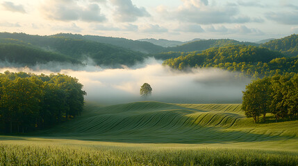 Naklejka na meble Misty sunrise over rolling green hills and fields.