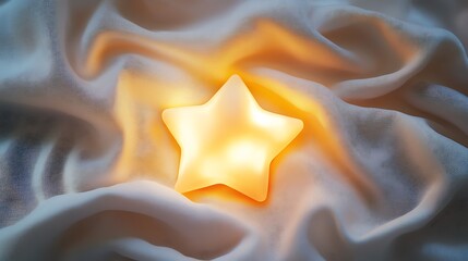 A flat-lay of a glowing star night light on a soft white fabric background