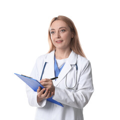 Wall Mural - Doctor with stethoscope and clipboard writing notes on white background