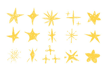 crayon grunge star, sparkle shine light doodle crayon, pencil texture vector set silhouette in diffe