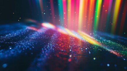 Poster - Explore the captivating allure of prismatic lights combined with vibrant rainbow bokeh effects set against a dark background, making it ideal for modern artistic designs and creative projects